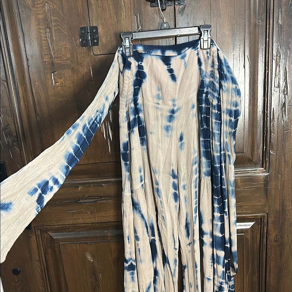 Blue and Cream Tie-Dye Wide-Leg Pants - Picture 6 of 7